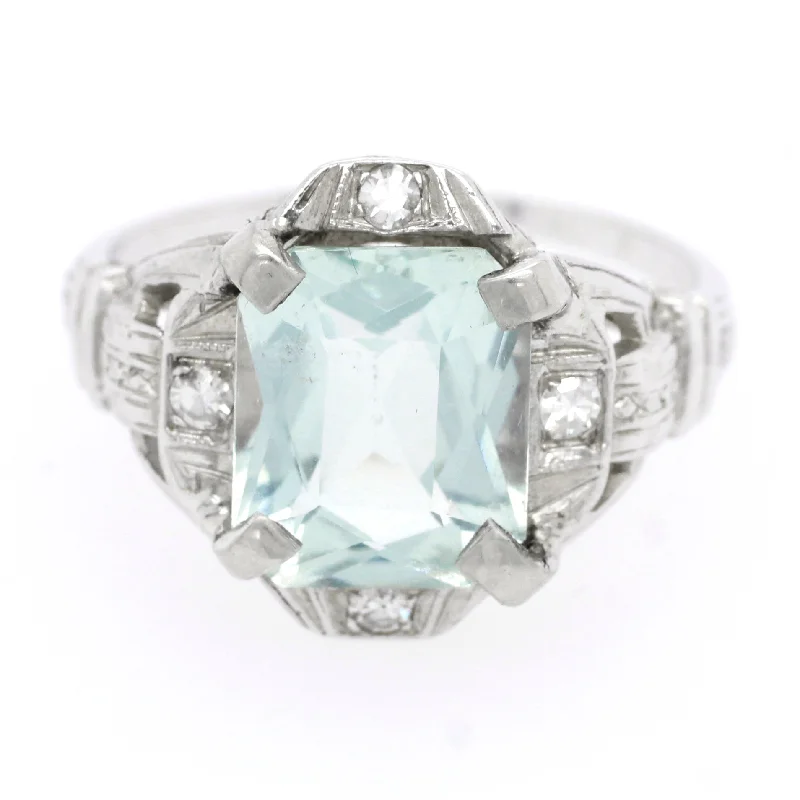 Ladies engagement rings personalized touch-Antique Art Deco 3.00ct Aquamarine & Diamond Engagement Ring in 14k White Gold