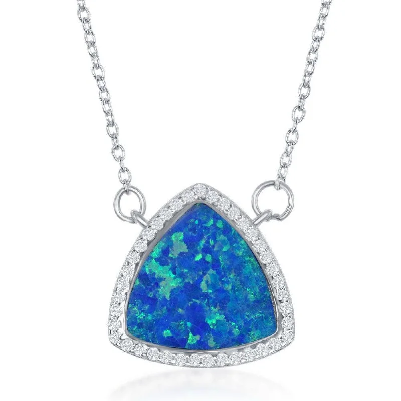 Ladies necklaces allergy-free-Sterling Silver Blue Inlay Opal Triangle with CZ Border Necklace