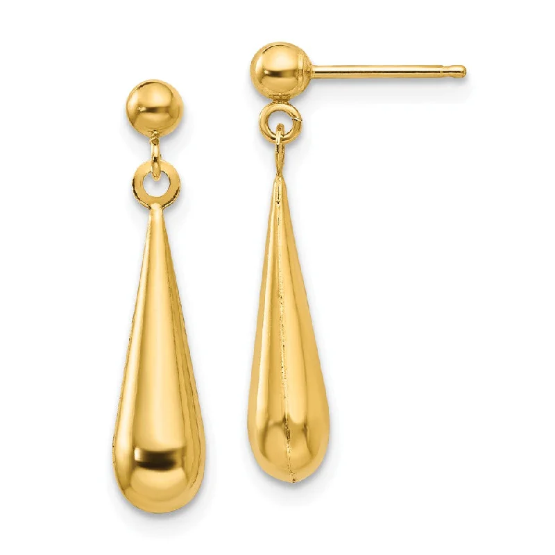 Ladies earrings cute designs-3-D Teardrop Dangle Post Earrings in 14k Yellow Gold, 5 x 22mm