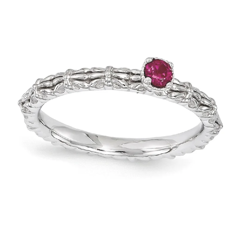 Ladies ring investment piece-Sterling Silver Stackable Created Ruby Round Single Stone Ring