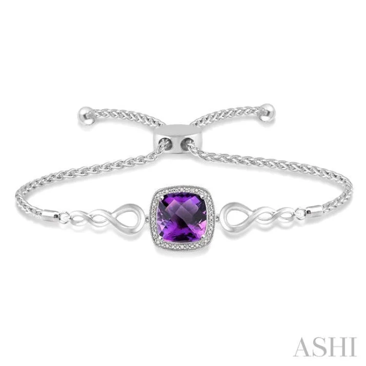 Ladies bracelets classic looks-1/20 Ctw Cushion Cut 10x10mm Amethyst Round Cut Diamond Sterling Silver Lariat Bracelet