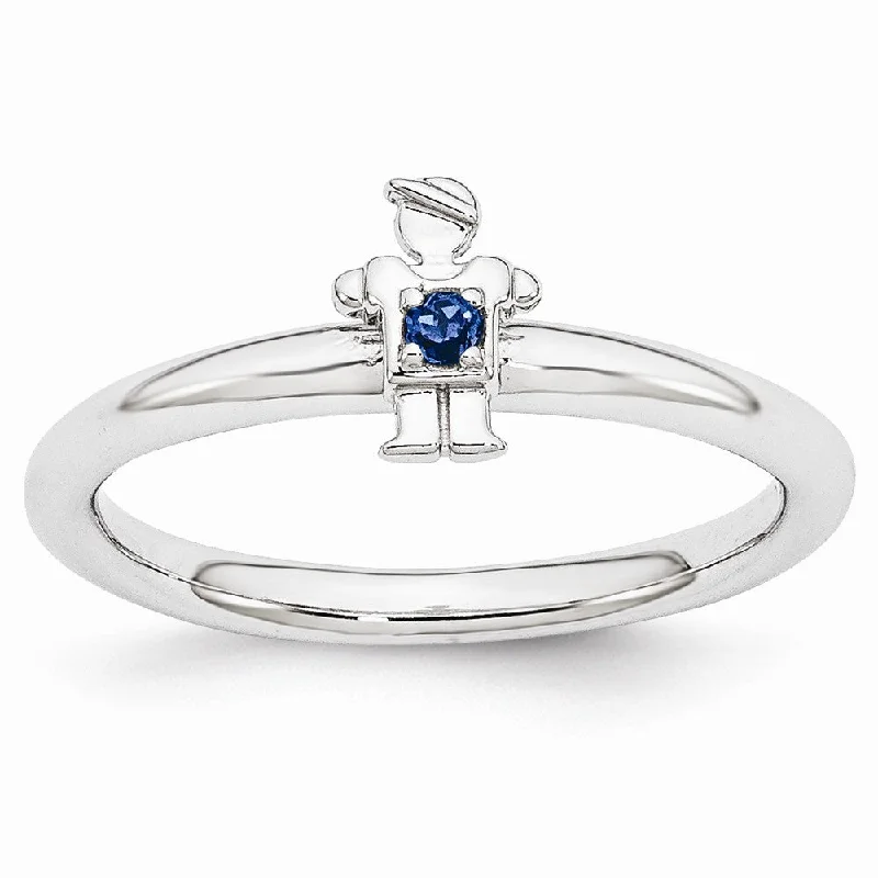 Ladies ring middle finger-Rhodium Plated Sterling Silver Stackable Created Sapphire 7mm Boy Ring