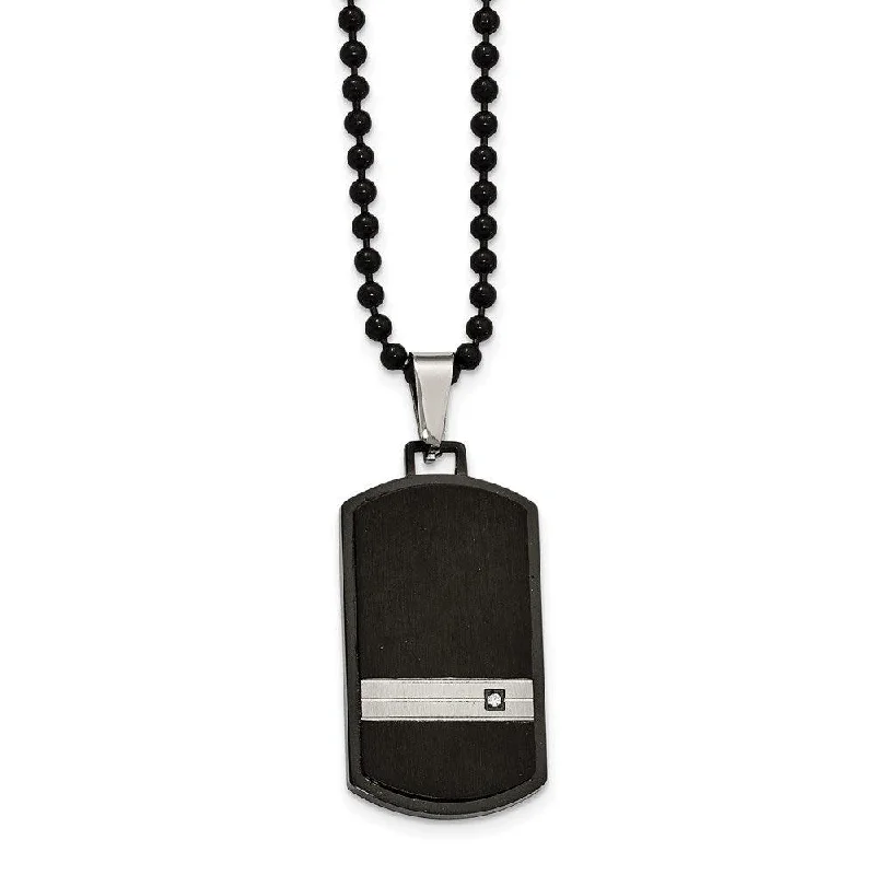 Ladies necklaces everyday use-Stainless Steel Brushed and Polished Blk IP CZ Dogtag Necklace