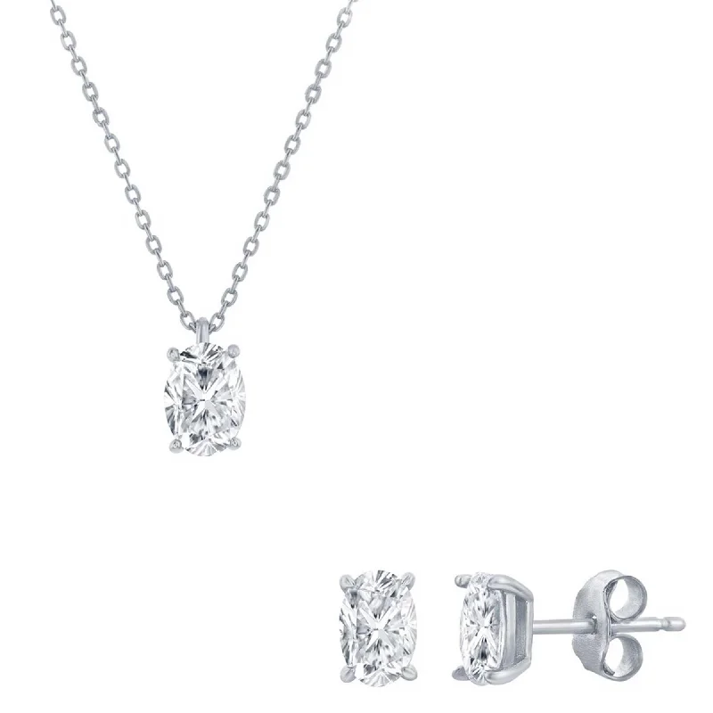 Ladies necklaces allergy-free-Classic Women's Necklace and Earrings Set - Silver Solitaire Oval White CZ | SET-618