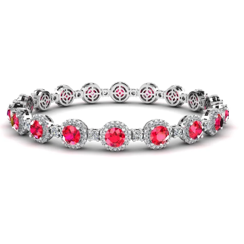 Ladies bracelets popular brands-Round Brilliant Shape 8.5 Carat Ruby Center Featuring Diamond Halo Bracelet BRHARBR