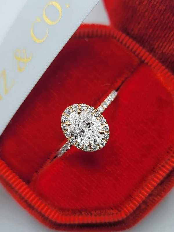 Ladies engagement rings discount offers-1.59 Carats Lab Grown Oval Cut Micropave Halo Side Stones Diamond Engagement Ring