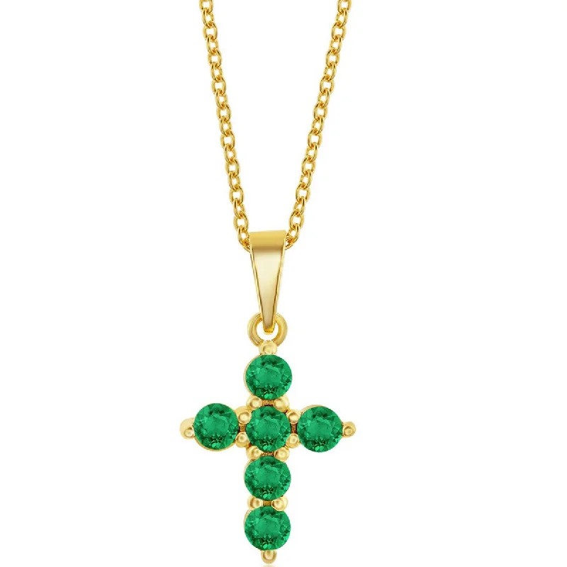 Ladies necklaces floral motifs-Classic Women's Necklace - Sterling Silver Gold Plated Emerald Cross | M-6825