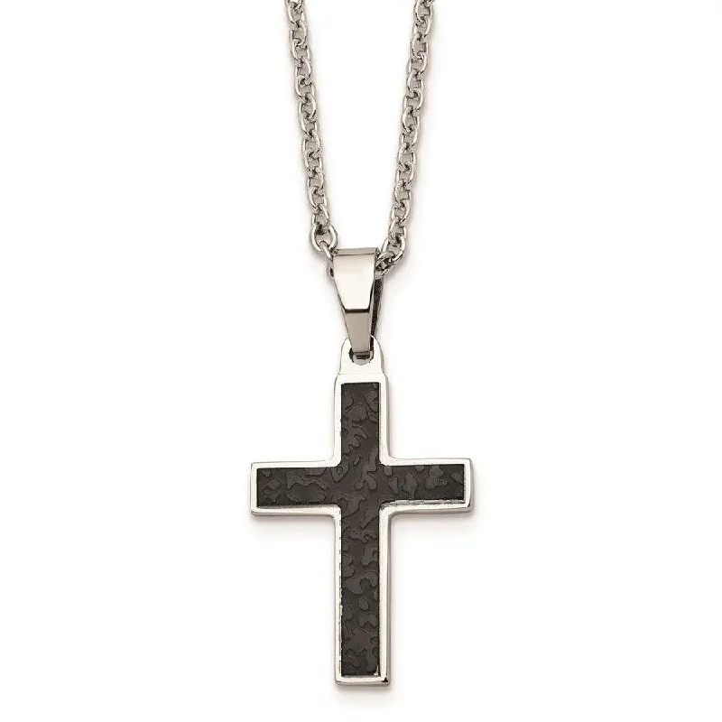 Ladies necklaces everyday use-Stainless Steel Polished and Textured Black IP-plated Cross Necklace