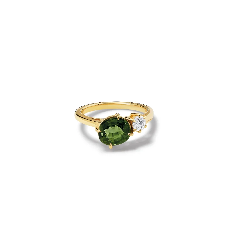 Ladies engagement rings halo settings-Toi et Moi Engagement Ring 18ct Yellow Gold - Green Sapphire & Diamond