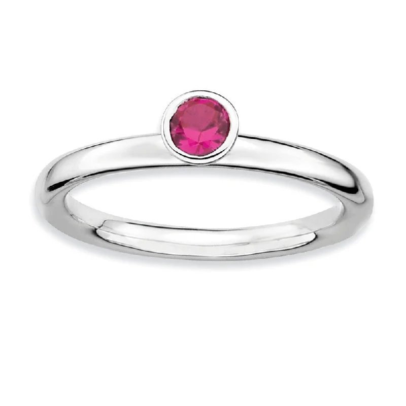 Ladies ring classic styles-Stackable High Profile 4mm Created Ruby Sterling Silver Ring