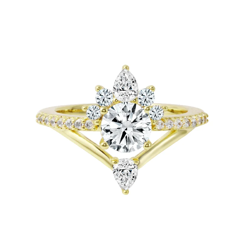 Ladies engagement rings lightweight feel-Round Diamond Starburst V-Shaped Engagement Ring