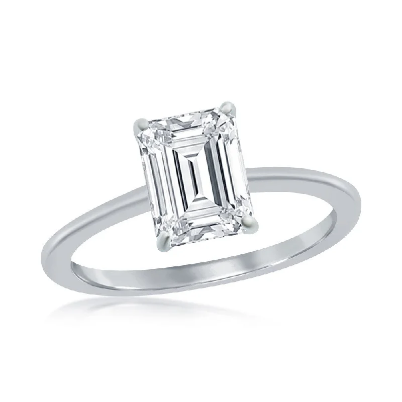 Ladies engagement rings oval shapes-Sterling Silver Four-Prong 8mm CZ Emerald-Cut Engagement Ring. Size 6,7,8,9