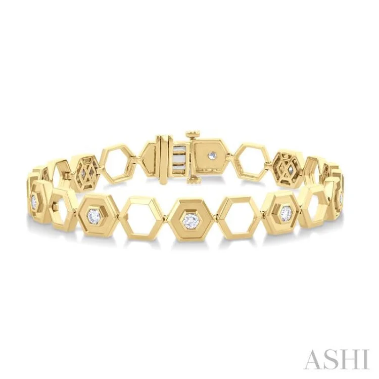 Ladies bracelets classic looks-3/4 ctw Double & Open Window Hexagon Round Cut Diamond Fashion Bracelet in 14K Yellow Gold