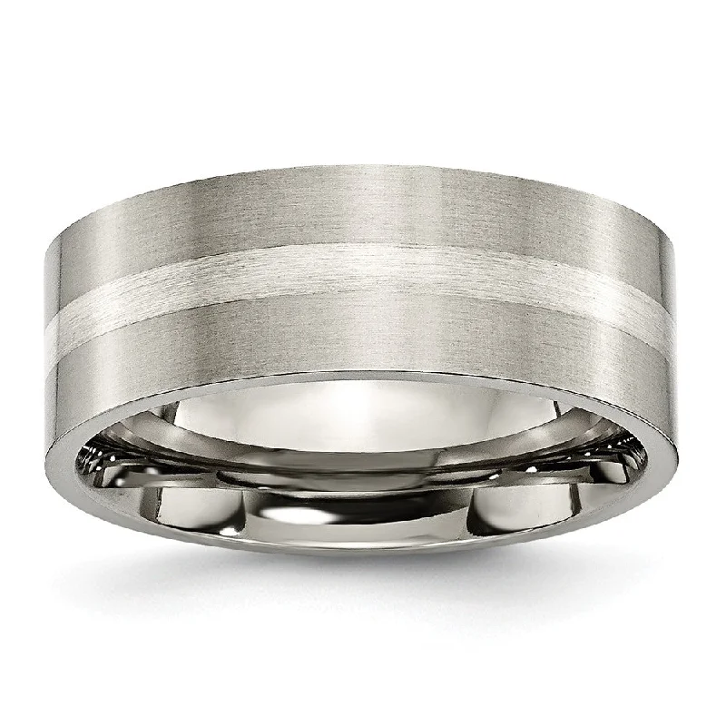 Ladies ring budget-friendly-Titanium & Sterling Silver Inlay, 8mm Satin Flat Comfort Fit Band