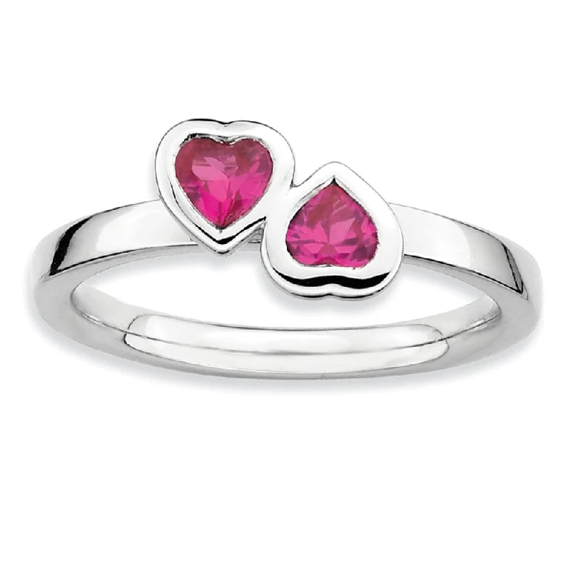 Ladies ring star motif-Sterling Silver Stackable Double Heart Created Ruby Ring