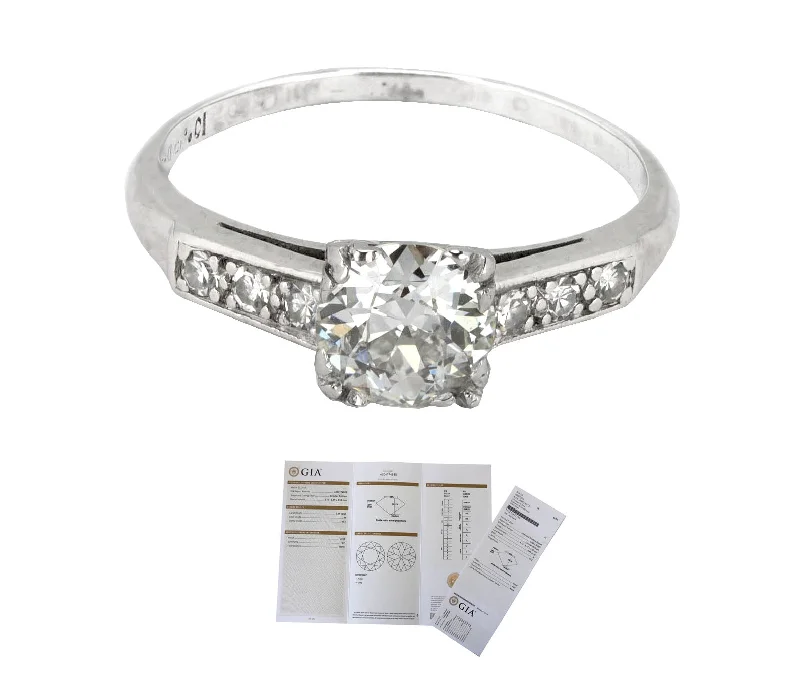 Ladies engagement rings celebrity styles-Antique Art Deco Platinum 0.89 CT Circular Brilliant Diamond Engagement Ring GIA