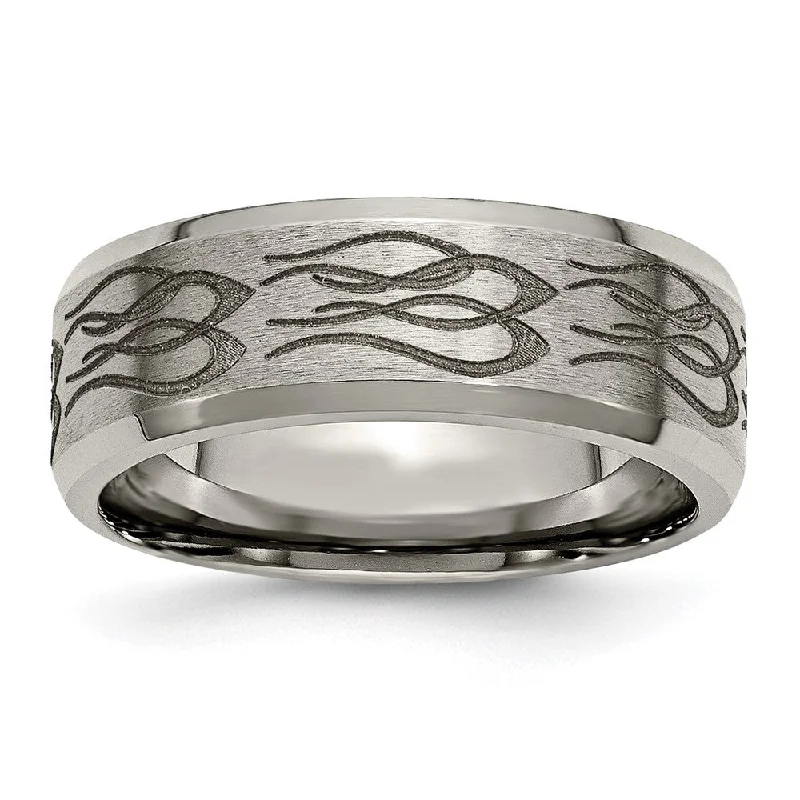 Ladies ring Mother’s Day-8mm Titanium Laser Etched Flames Beveled Edge Standard Fit Band