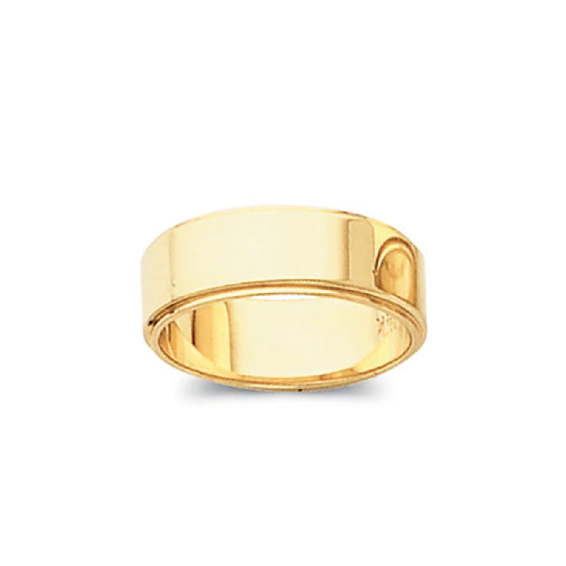 Ladies ring stacking tips-4mm Flat Ridged Edge Wedding Band in 10k Yellow Gold