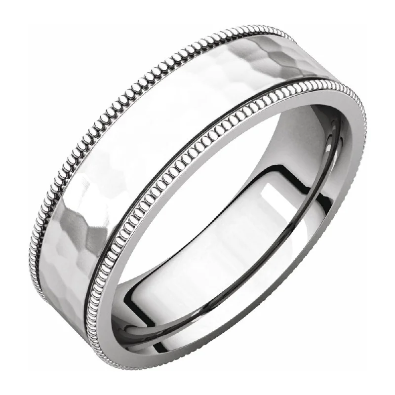 Ladies ring price range-6mm 14K White Gold Milgrain Hammered Flat Comfort Fit Band