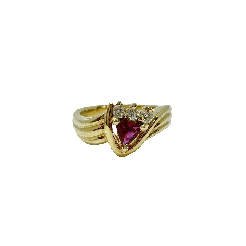 Ladies ring niche brands-18K Gold Ring with Triangular Ruby and 3 Baguette Diamonds