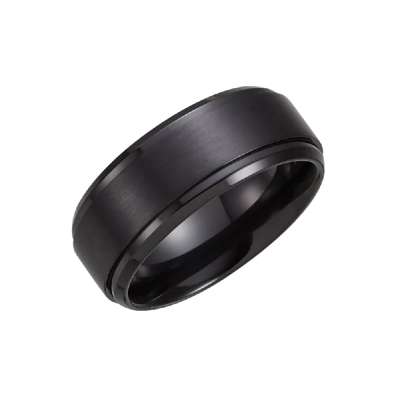 Ladies ring price range-9mm Black Titanium Ridged & Beveled Edge Comfort Fit Band