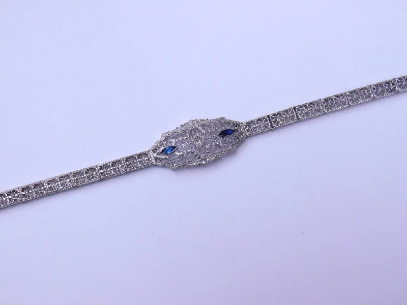 Ladies bracelets party glamour-14K ART DECO BRACELET WITH DIAMOND AND BLUE GLASS