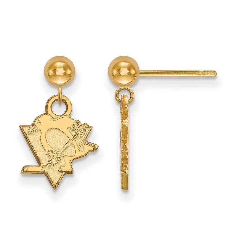 Ladies earrings birthday presents-SS 14k Yellow Gold Plated NHL Pittsburgh Penguins Ball Dangle Earrings