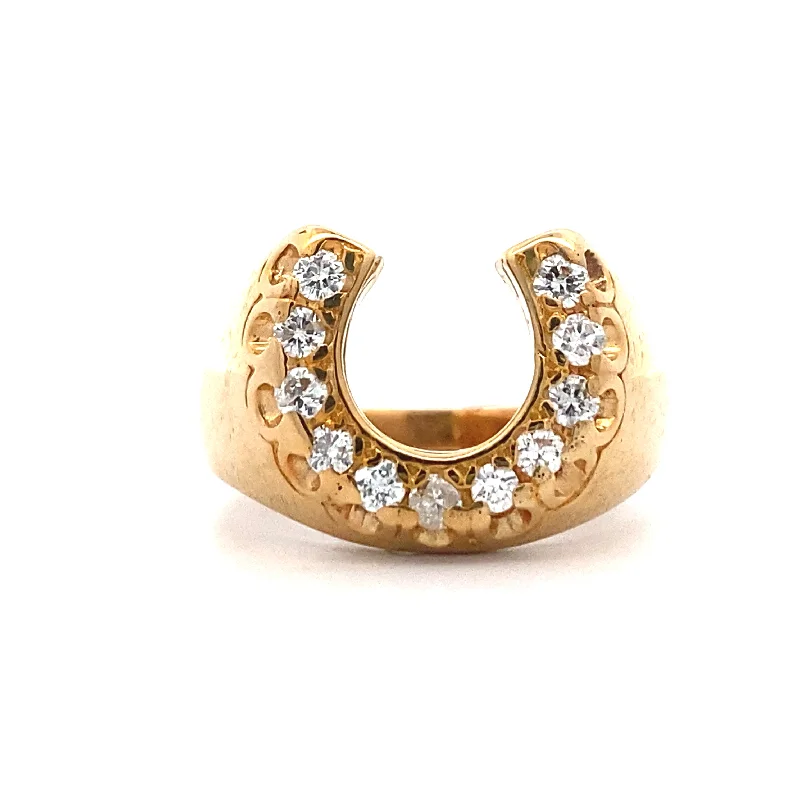 Ladies ring wedding accessory-Estate Mens DIamond Horseshoe Ring in Yellow Gold