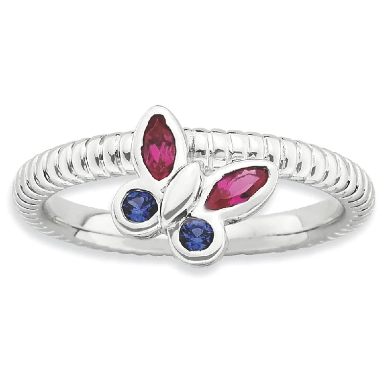 Ladies ring middle finger-Sterling Silver Stackable Created Ruby Created Sapphire Butterfly Ring