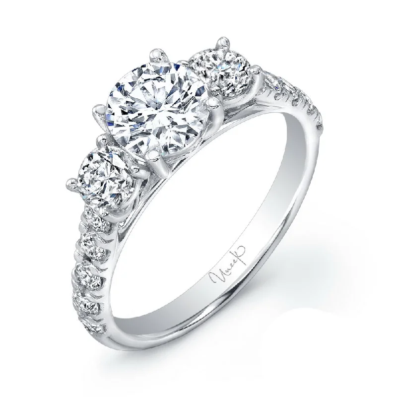 Ladies engagement rings celebrity styles-Uneek Round Diamond Three-Stone Engagement Ring with Pave Upper Shank