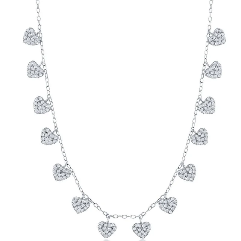 Ladies necklaces multi-strand-Classic Women's Necklace - Sterling Silver Dangling CZ Hearts | M-6816