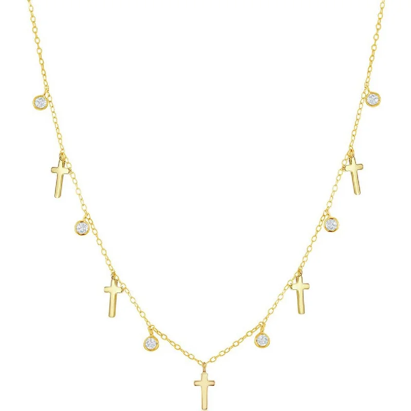 Ladies necklaces social media trends-Classic Women's Necklace - Alternating GP Cross and Bezel-Set CZ | M-6802-GP