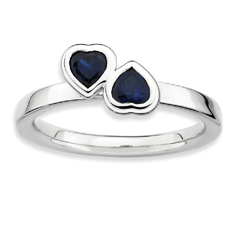 Ladies ring heart shape-Sterling Silver Stackable Double Heart Created Sapphire Ring