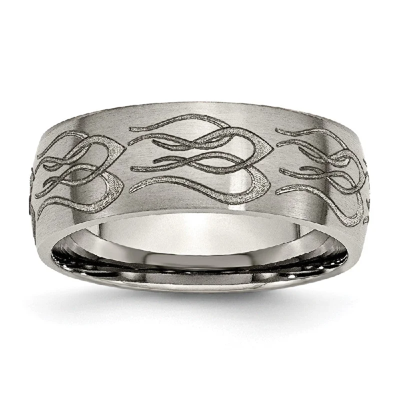 Ladies ring gold-plated-8mm Titanium Etched & Brushed Flames Domed Standard Fit Band