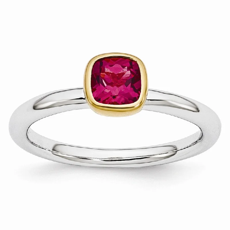 Ladies ring celebrity styles-Two Tone Sterling Silver Stackable 5mm Cushion Created Ruby Ring