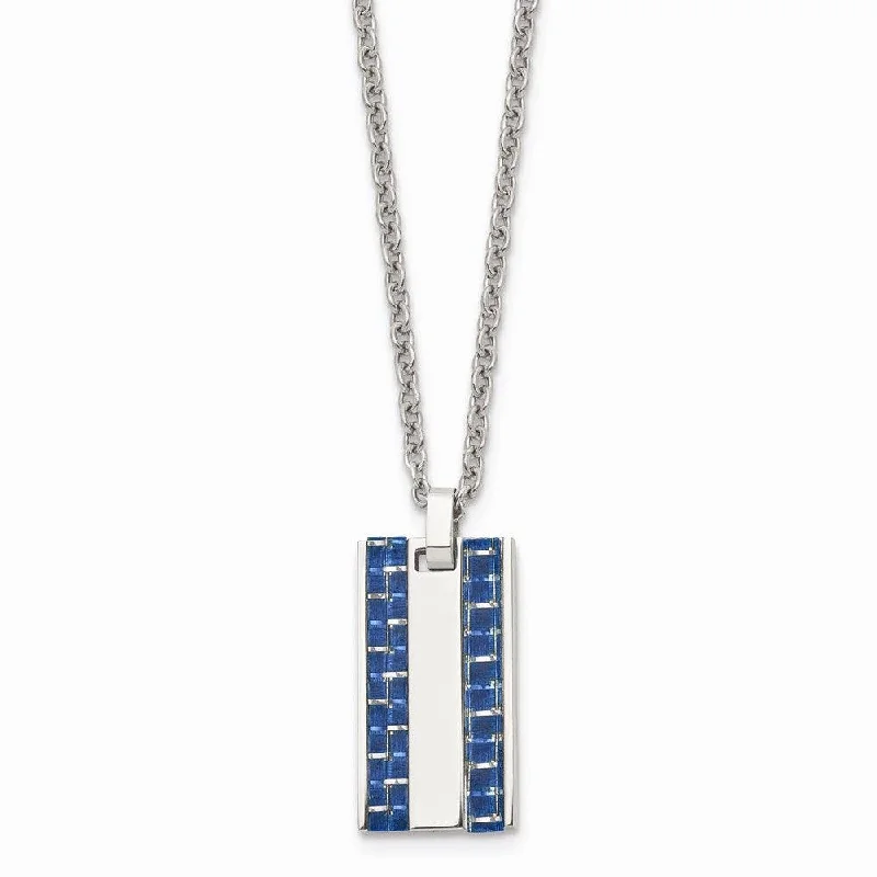 Ladies necklaces lab-created stones-Stainless Steel Polished w/ Blue Carbon Fiber Inlay Small Dogtag Necklace