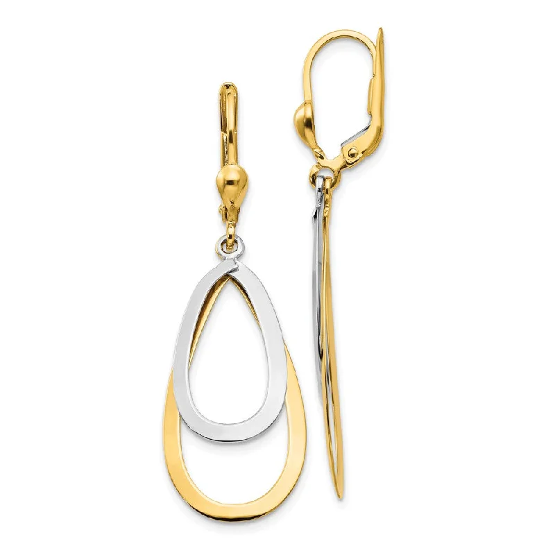 Ladies earrings latest trends-Double Teardrop Lever Back Earrings in 14k Yellow and White Gold