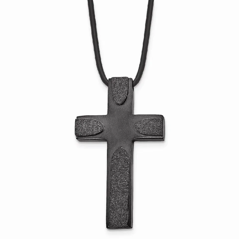 Ladies necklaces gothic appeal-Stainless Steel Brushed LaserCut Blk IP Cross w/Leather Cord Necklace