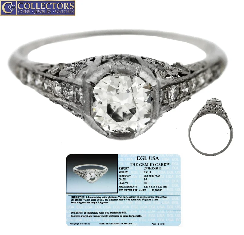 Ladies engagement rings silver tones-Ladies Antique Art Deco Platinum 0.64ctw Diamond Filigree Engagement Ring EGL