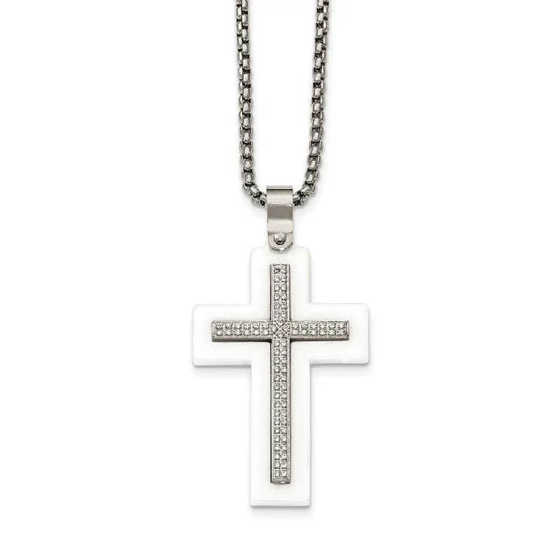 Ladies necklaces customer feedback-Stainless Steel Polished White Ceramic Cross CZ 23.75in Necklace