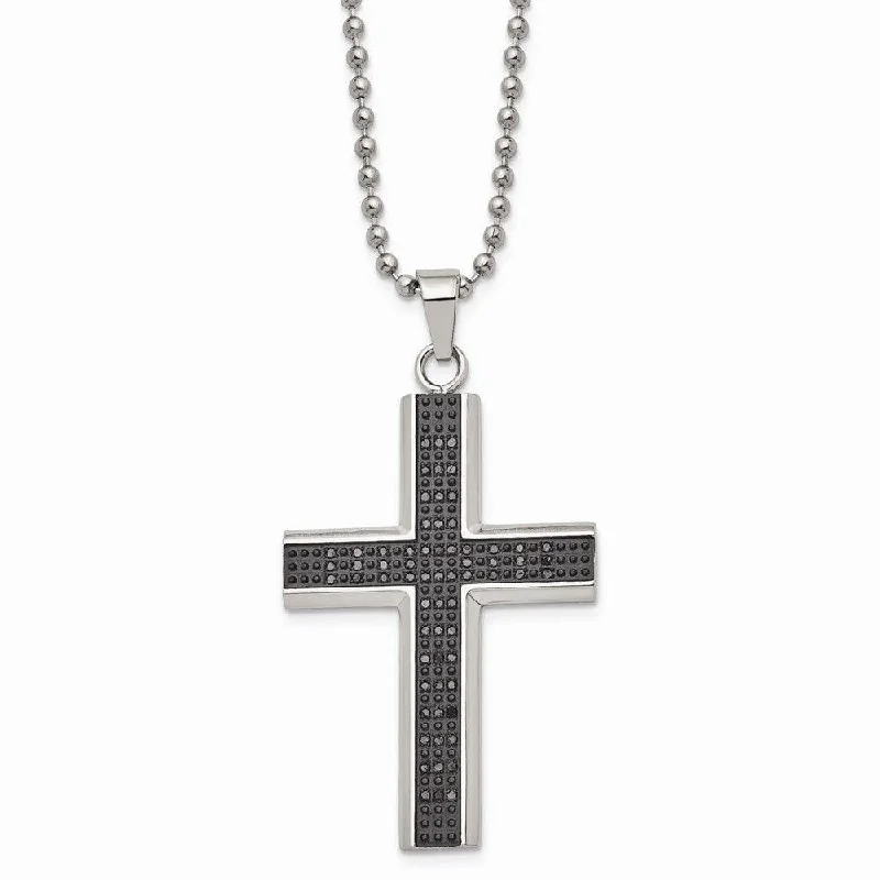 Ladies necklaces Asian-inspired-Stainless Steel Polished Black Rhodium Black Diamond Cross Necklace