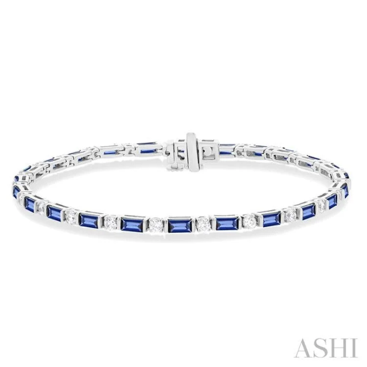 Ladies bracelets personalized touch-1 1/10 ctw Art Deco 4X2MM Baguette Cut Sapphire and Round Cut Diamond Precious Tennis Bracelet in 14K White Gold