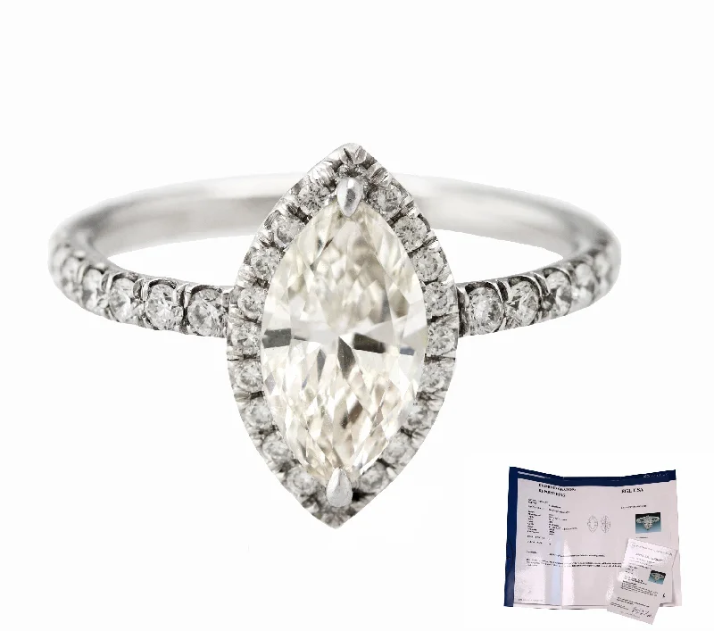 Ladies engagement rings conflict-free-Platinum 1.04 CT I-J SI1 Marquise Brilliant Diamond Halo Engagement Ring EGL