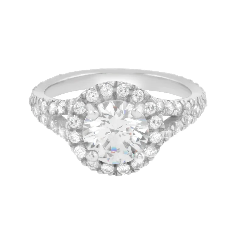 Ladies engagement rings silver tones-Round Diamond Halo Split Shank Engagement Ring