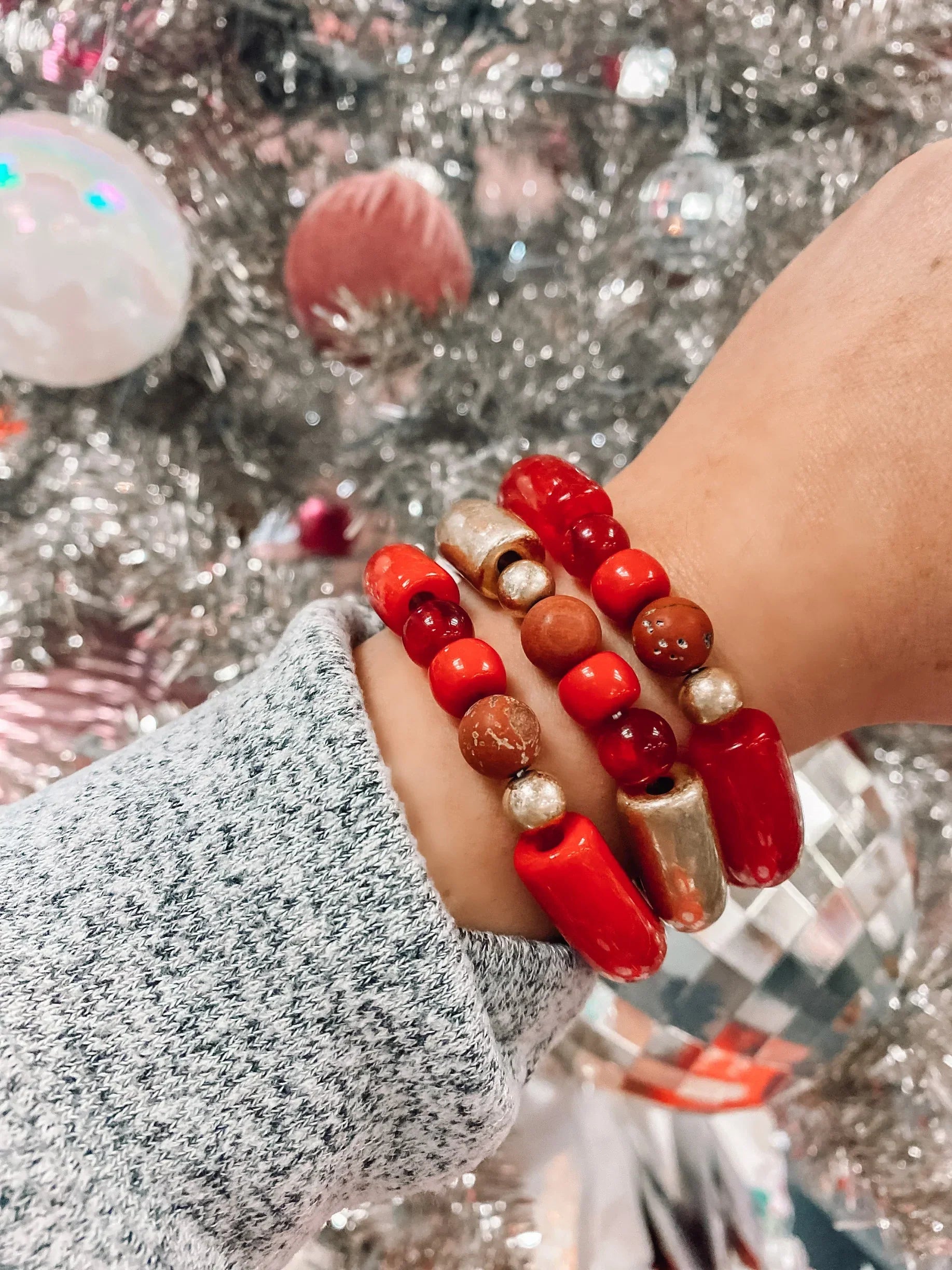 Ladies bracelets lightweight feel-Red & Gold Beaded Bracelet Set