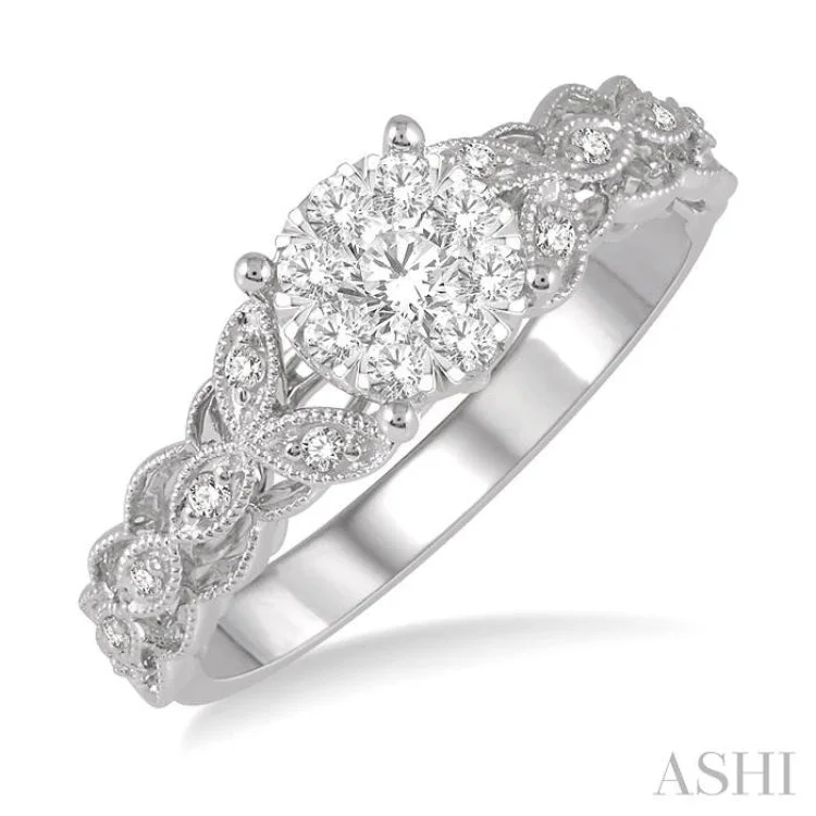 Ladies engagement rings pave settings-1/3 Ctw Round Cut Diamond Lovebright Engagement Ring in 14K White Gold