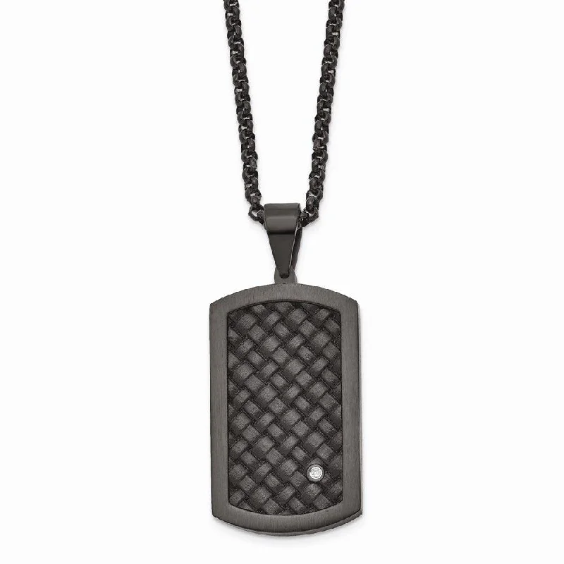 Ladies necklaces price guide-Stainless Steel Brushed Blk Leather Blk IP CZ Dogtag Necklace