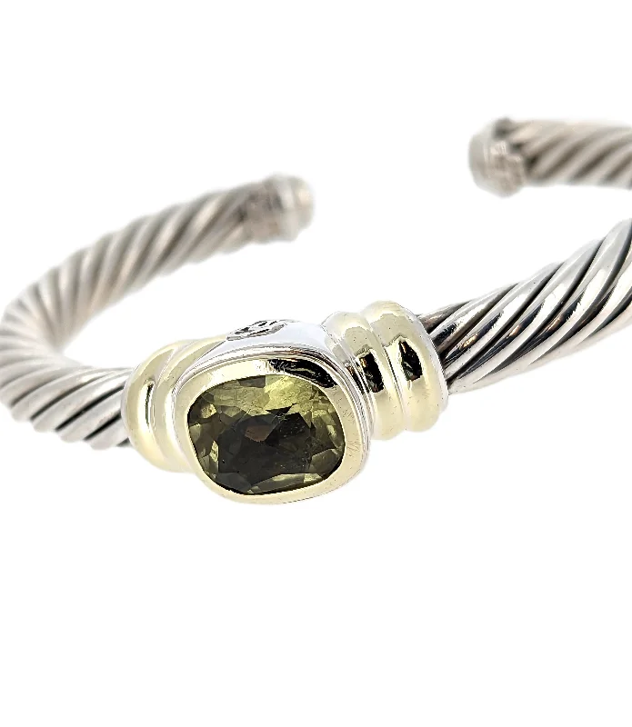 Ladies bracelets everyday use-David Yurman Sterling Silver & 14K Yellow Gold Peridot Cable Cuff Bracelet