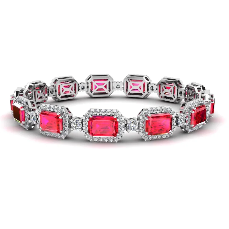 Ladies bracelets sterling silver-Emerald Shape 14 Carat Ruby Center Featuring Diamond Halo Bracelet BRHAEMR