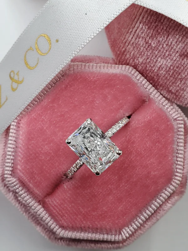 Ladies engagement rings rose-cut diamonds-3.41 Carats Elongated Radiant Cut Micropaved Side Stones Hidden Halo Diamond Engagement Ring